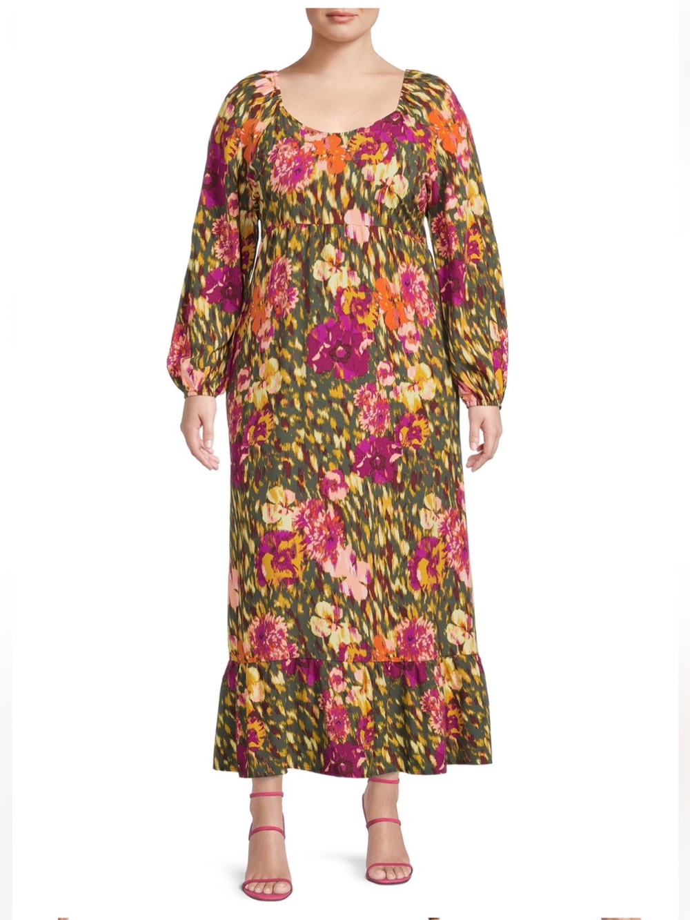 Terra & Sky Plus Fall Floral Smocked Back Long Sleeve Maxi Dress Jewel Tones 2X